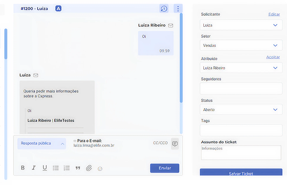 Tela de gestão de tickets da Cxpress com histórico completo de atendimentos, conversas, solicitações e relacionamento centralizado do cliente