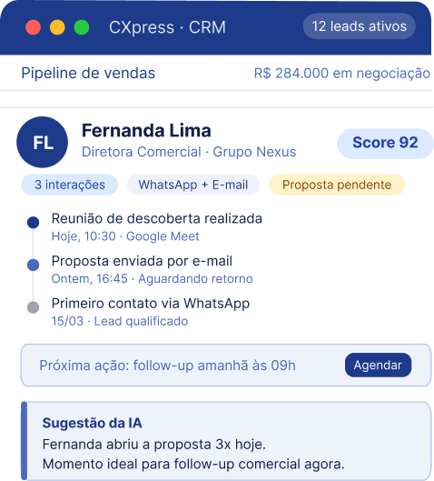 CRM Cxpress com organização de clientes por tags, categorias, status, perfil e histórico de relacionamento para segmentação inteligente